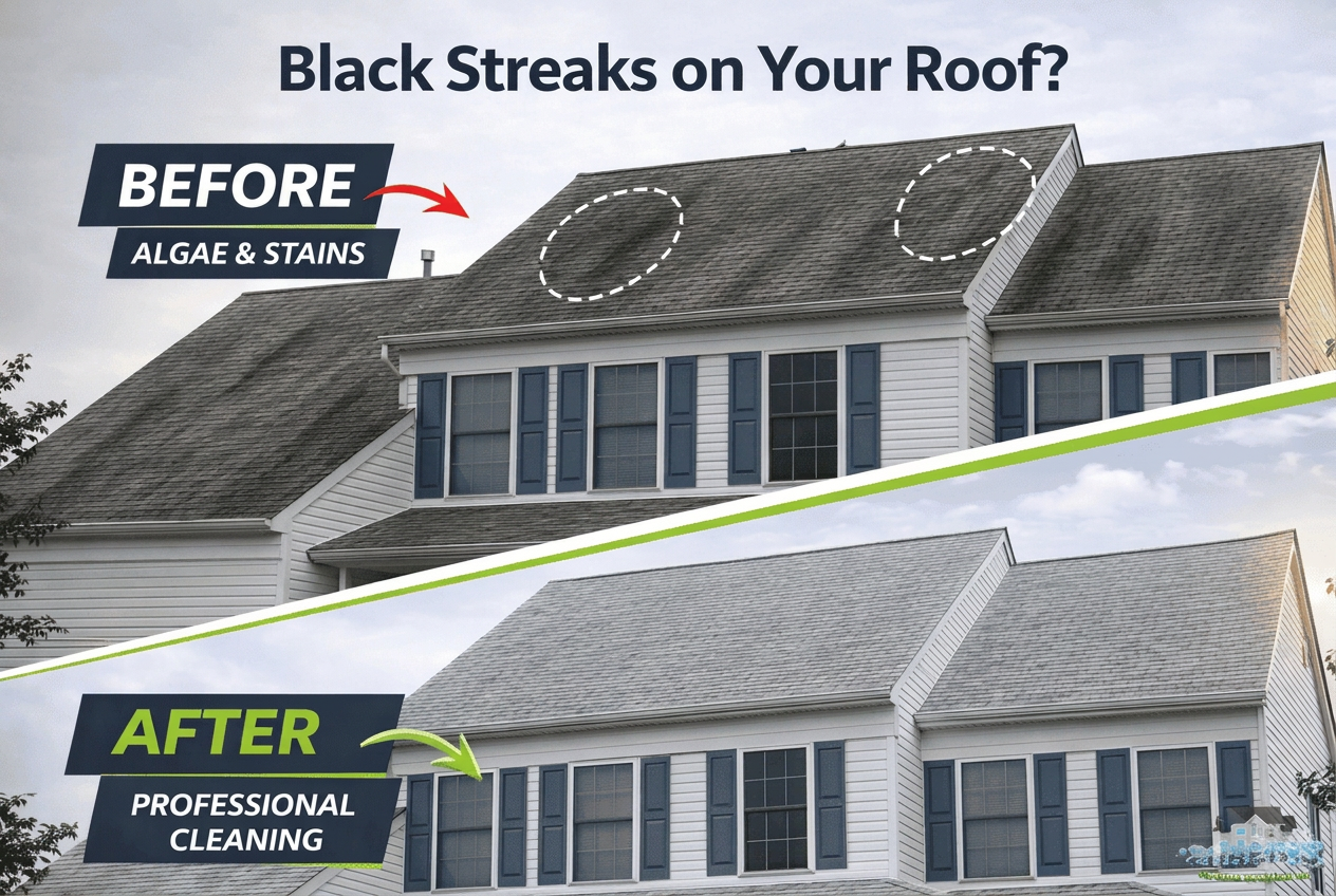 Before and after roof cleaning showing algae and black streak removal